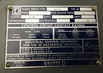Square D PRESSURE SWITCH 9012GAR2 - Class 9012, Type GAR-2, Ser. B, Range 1-18