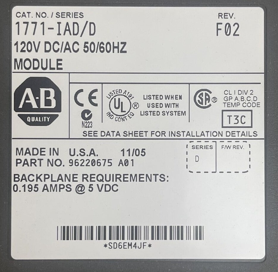 ALLEN BRADLEY 1771-IAD 120V DC/AC 50/60HZ MODULE SERIES D REV F02 0.195AMPS@5VDC