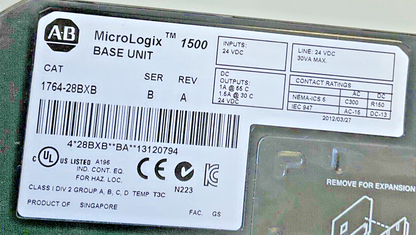 ALLEN BRADLEY 1764-28BXB BASE AND CONTROLLER  SER.B REV.A 24VDC MICROLOGIX 1500