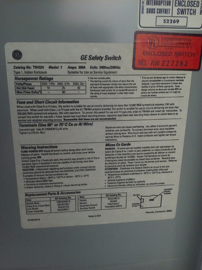 GE TH4324 MODEL 7 FUSIBLE SAFETY SWITCH 3P 200A 240V 60HP TYPE 1 INDOOR