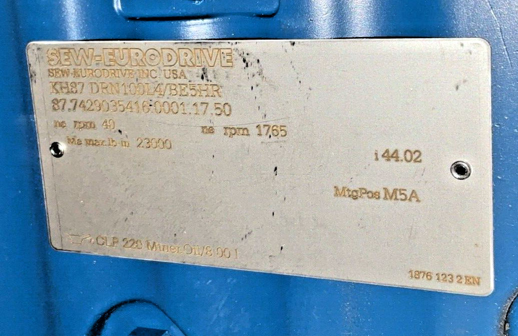 SEW-EURO DRIVE KH87 DRN100L4/BE5HR 3HP GEAR MOTOR 1765/40RPM 460V 60HZ 8.30A
