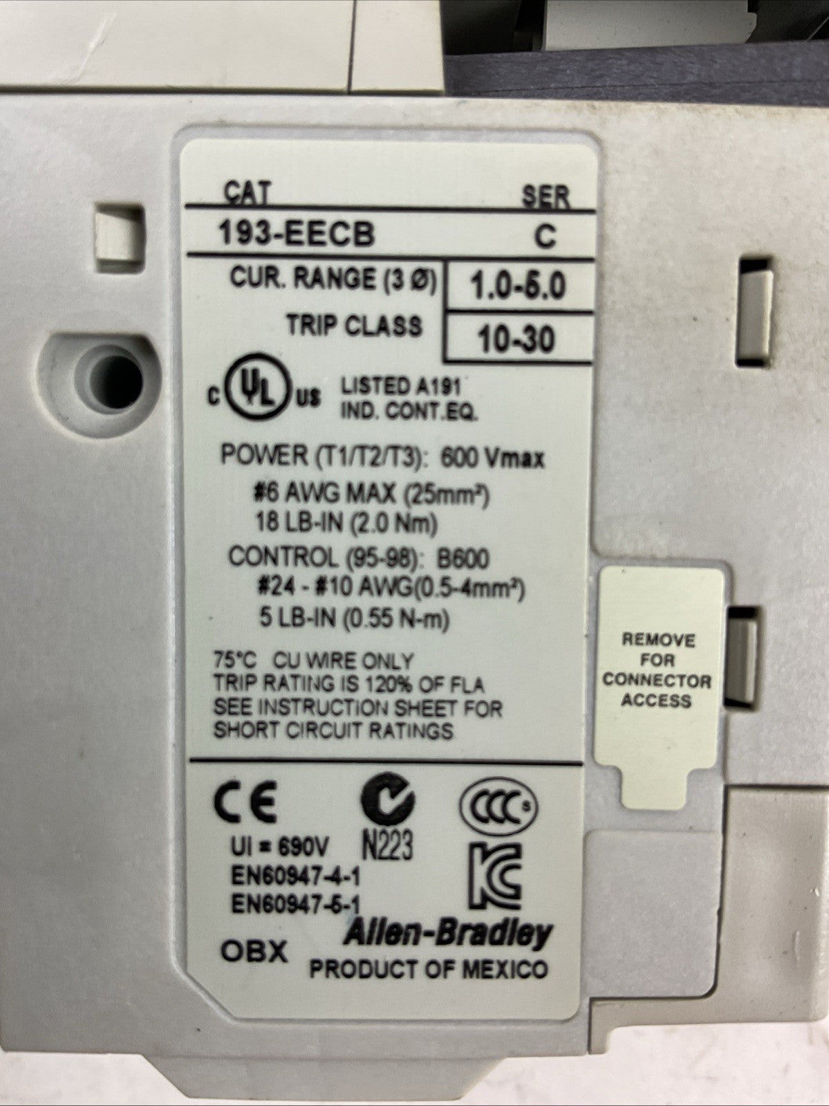 ALLEN BRADLEY STARTER (100-C09E*300 SER A COIL 24VDC + 193-EECB 1.0-5.0A SER C)