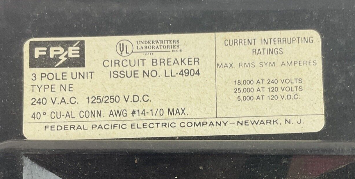 FEDERAL PACIFIC NE234090 CIRCUIT BREAKER 3POLE 90A 240VAC 125/250VDC