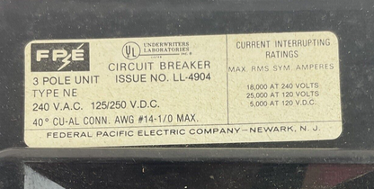 FEDERAL PACIFIC NE234090 CIRCUIT BREAKER 3POLE 90A 240VAC 125/250VDC