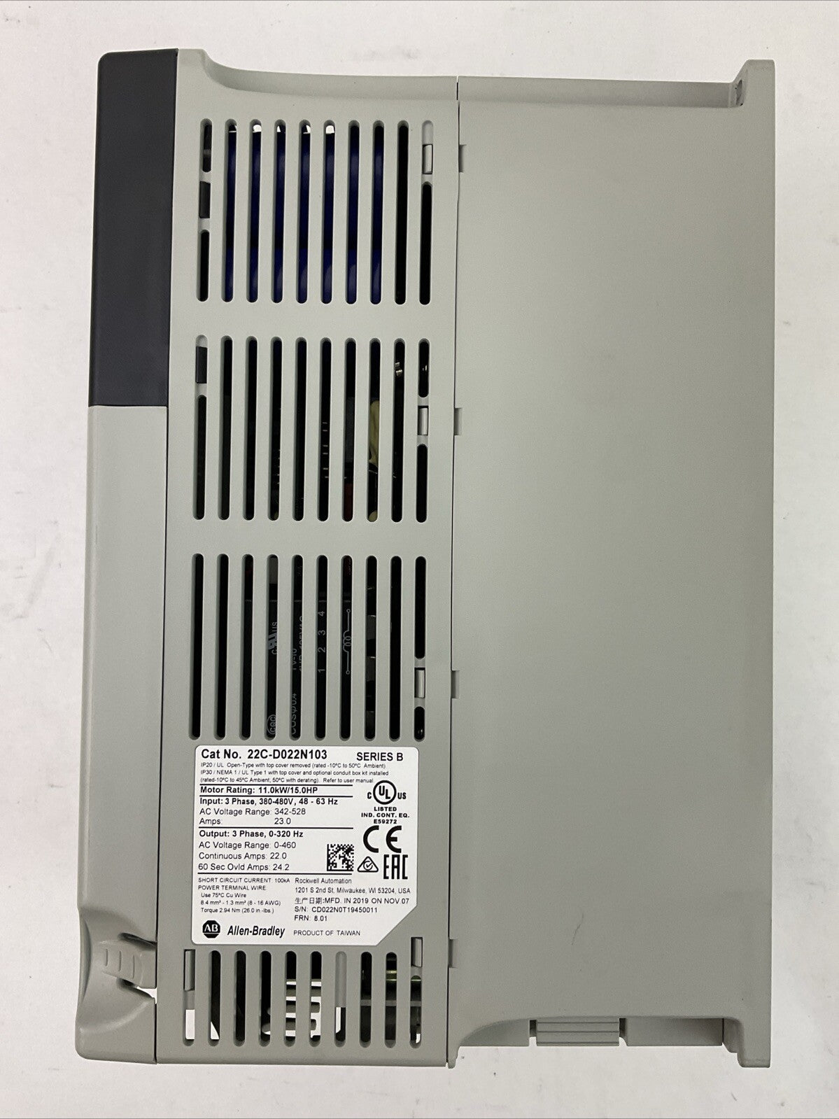 ALLEN BRADLEY POWERFLEX 400 22C-D022N103 SER B FRN 8.01 AC DRIVE OUTPUT 0-460VAC
