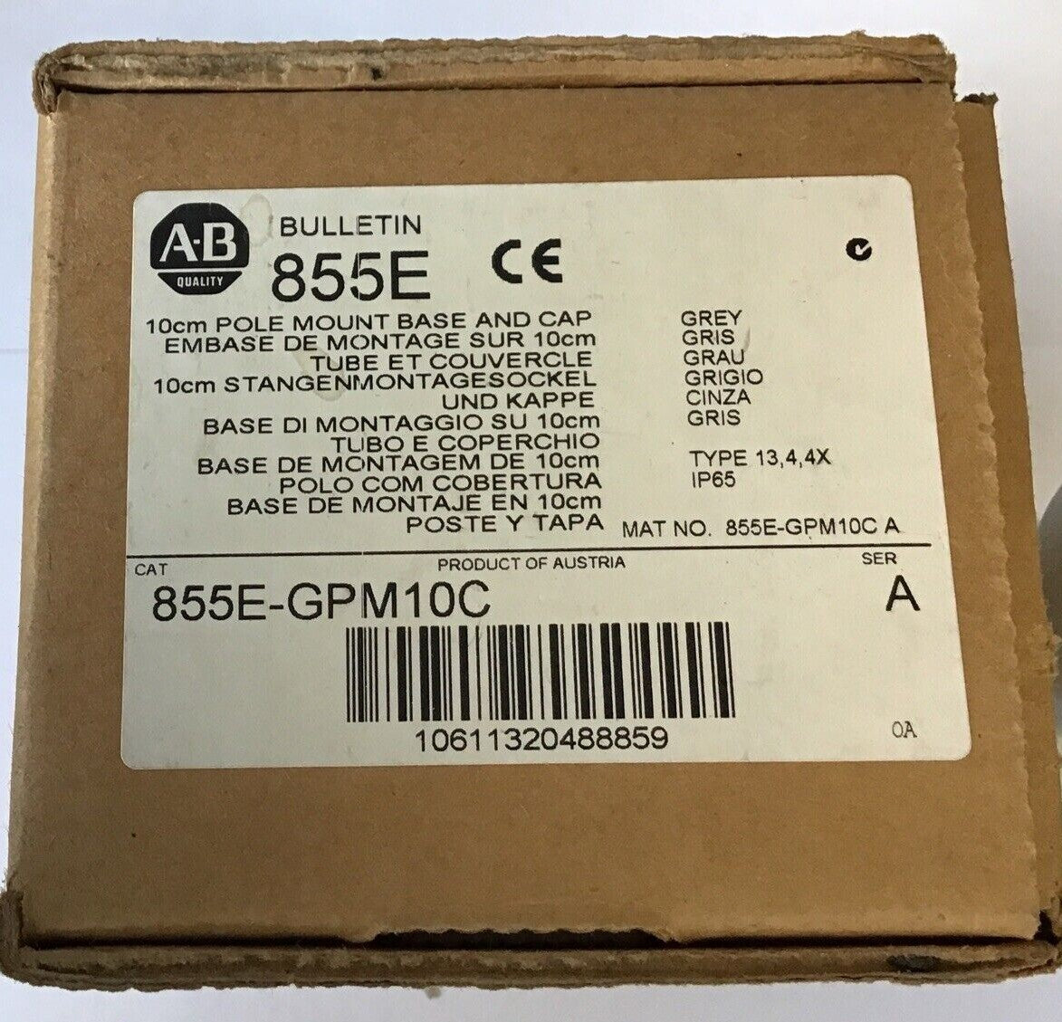 ALLEN BRADLEY 855E-GPM10C 10CM POLE MOUNT BASE AND CAP