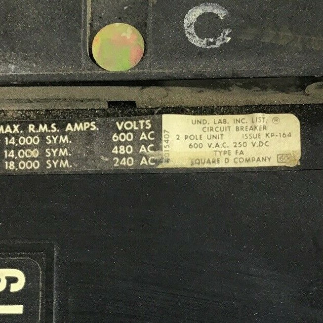 SQUARE D FA26020AC CIRCUIT BREAKER 20A 2POLE 600VAC 250VDC