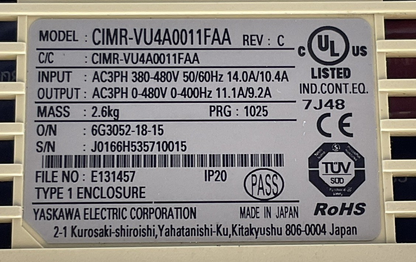 YASKAWA CIMR-VU4A0011FAA REV: C V1000 AC DRIVE OUTPUT 3PH 0-480V 11.1/9.2A