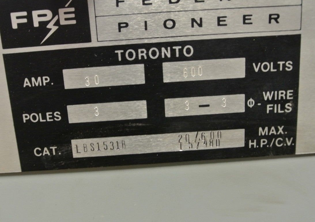 FPE / FEDERAL PIONEER ELECTRIC LBS1531A - BUS PLUG / SWITCH 600V, 30A,3P, 3W