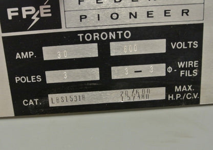 FPE / FEDERAL PIONEER ELECTRIC LBS1531A - BUS PLUG / SWITCH 600V, 30A,3P, 3W