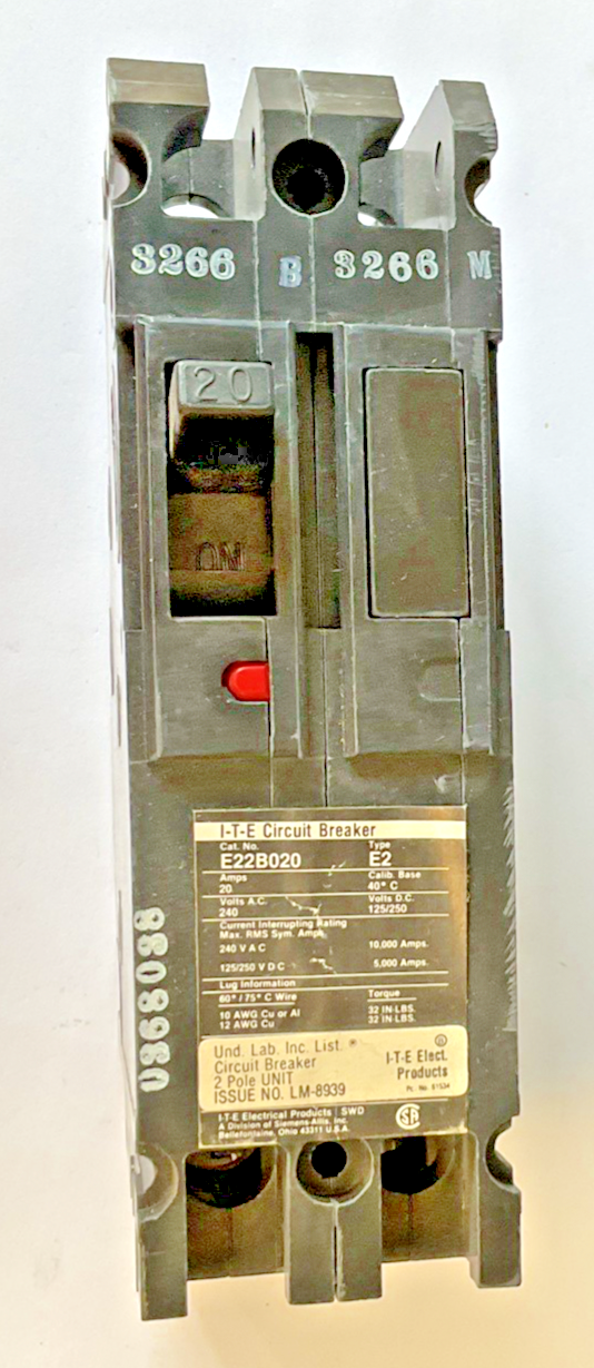 SIEMENS E22B020 CIRCUIT BREAKER FRAME E2 240VAC 2POLE 20AMP