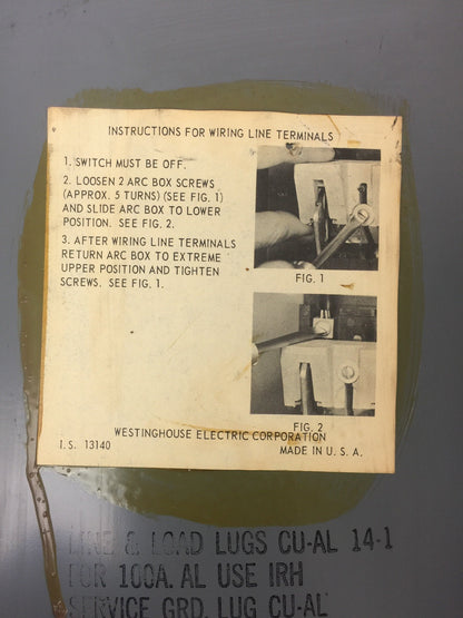 WESTINGHOUSE HF323N HEAVY DUTY SAFETY SWITCH 240 VAC 250 VDC 100 AMP NEMA 1
