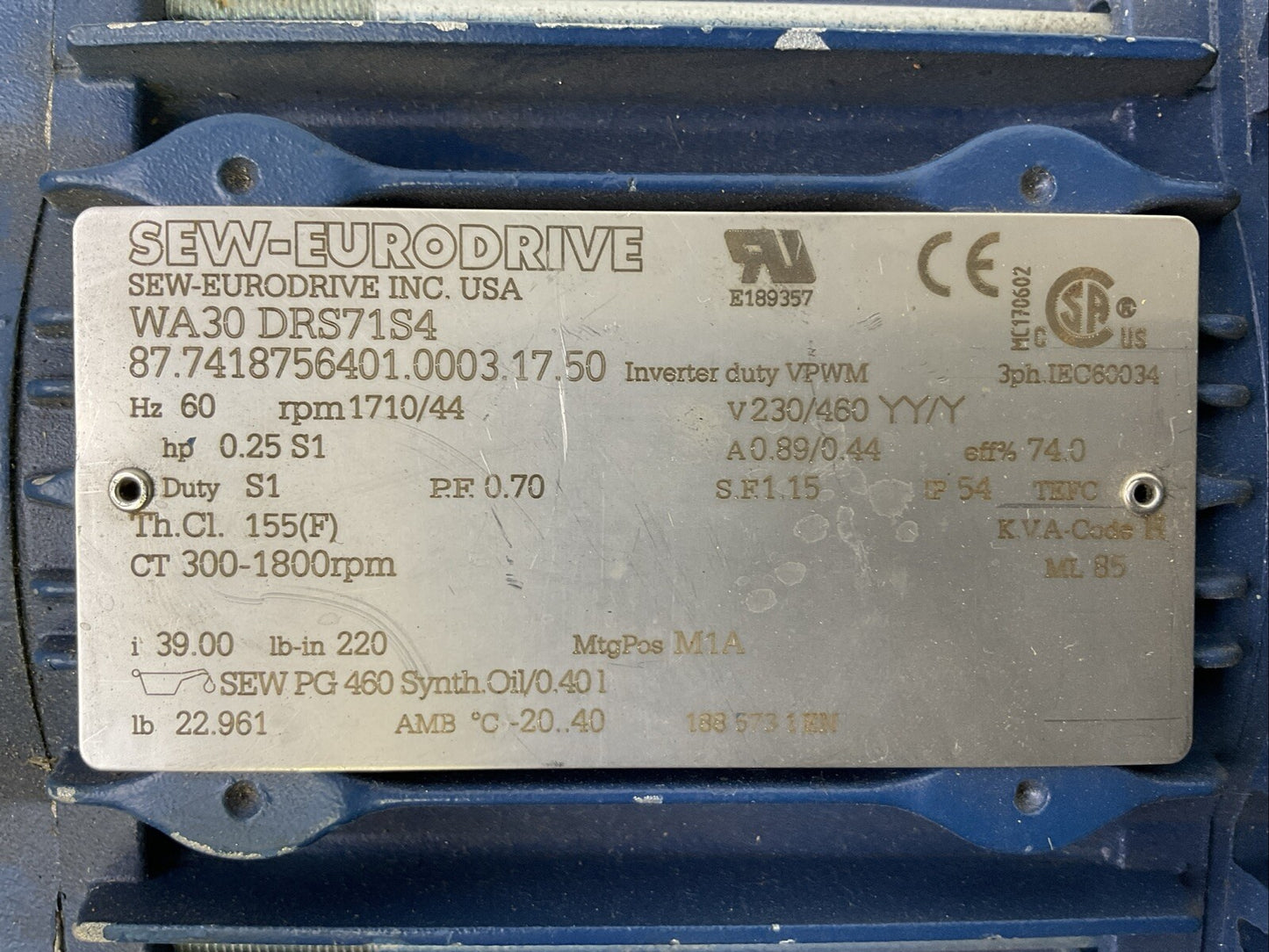 SEW-EURODRIVE WA30 DRS71S4 GEAR MOTOR Hz 60 rpm 1710/44 v230/460 YY/Y