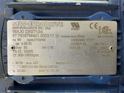 SEW-EURODRIVE WA30 DRS71S4 GEAR MOTOR Hz 60 rpm 1710/44 v230/460 YY/Y