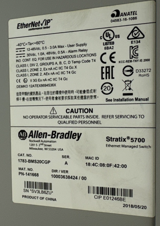 ALLEN BRADLEY 1783-BMS20CGP ETHERNET MANAGED SWITCH SER.A DIR/VER:10003638424/00