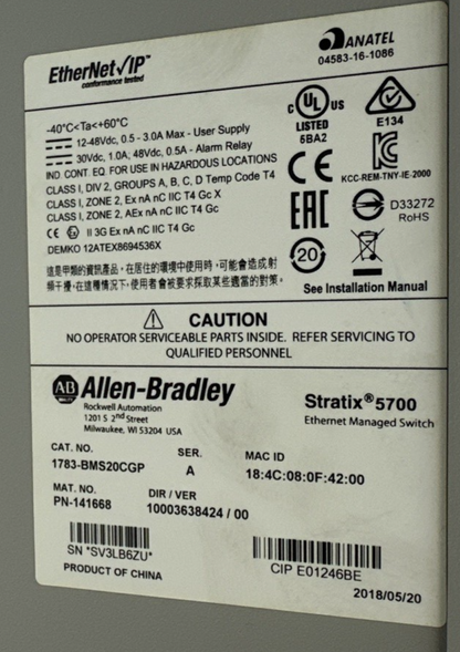 ALLEN BRADLEY 1783-BMS20CGP ETHERNET MANAGED SWITCH SER.A DIR/VER:10003638424/00