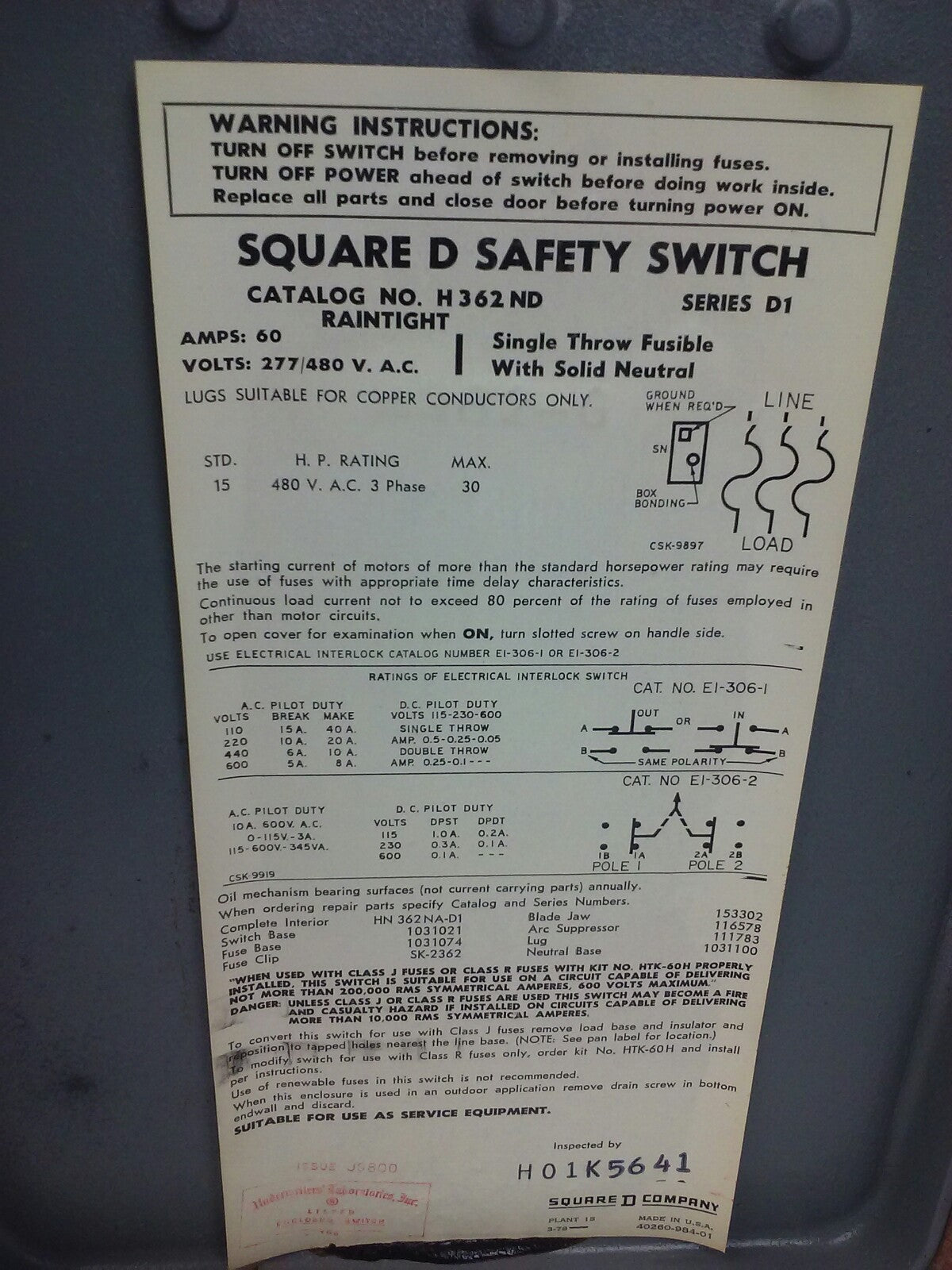 SQUARE D H362ND, H-362-ND, SER. D1,  H.D.SAFETY SWITCH, 60A, 277/480V, 3PH