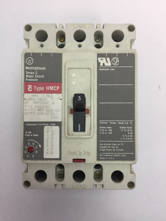 WESTINGHOUSE HMCP003A0C B 3AMP 600VAC 250VDC SERIES C 6630C87G03