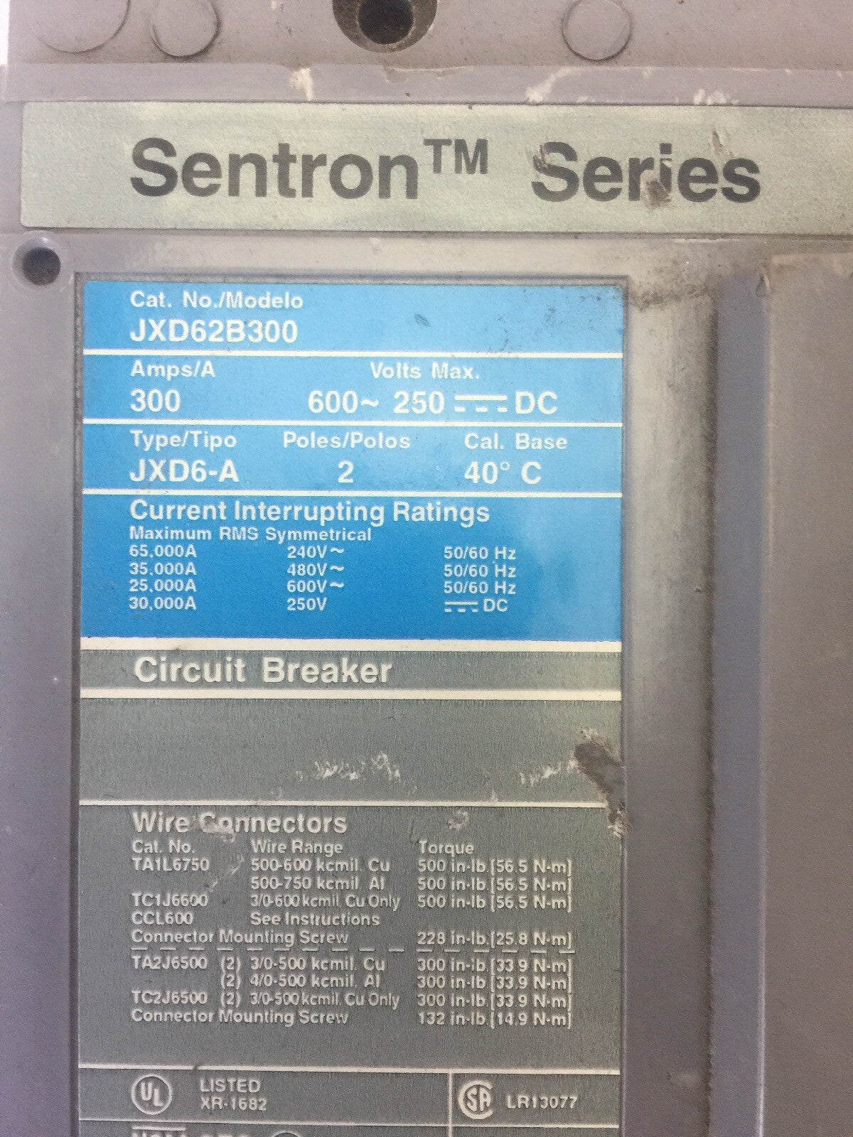 SIEMENS JXD62B300 SENTRON SERIES CIRCUIT BREAKER 300AMPS 600VAC 250VDC 2 POLE