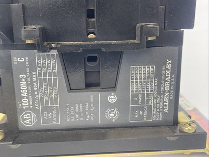 ALLEN BRADLEY 104-A60ND3 REVERSING CONTACTOR SER C 60AMP 600VAC 3PHASE 50HP