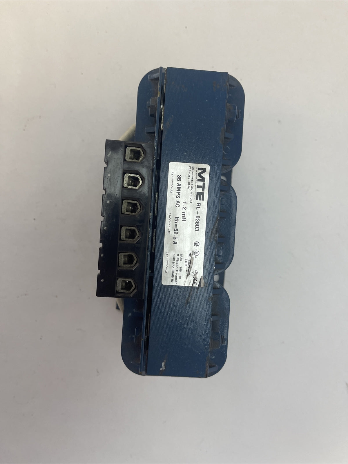 MTE RL-03503 3 PHASE REACTOR 600V 50/60HZ 1.2mH 35 AMPS AC Ith=52.5A