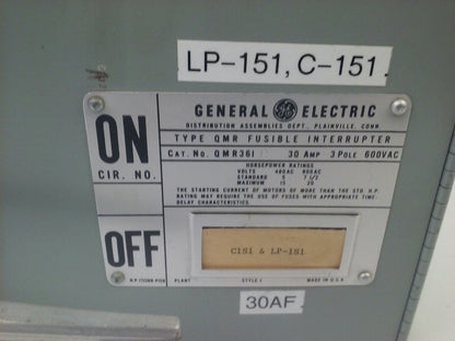 GE TYPE QMR QMR361L QMR361R TWIN FUSIBLE INTERRUPTER SWITCH 30A  600V W/HARDWARE
