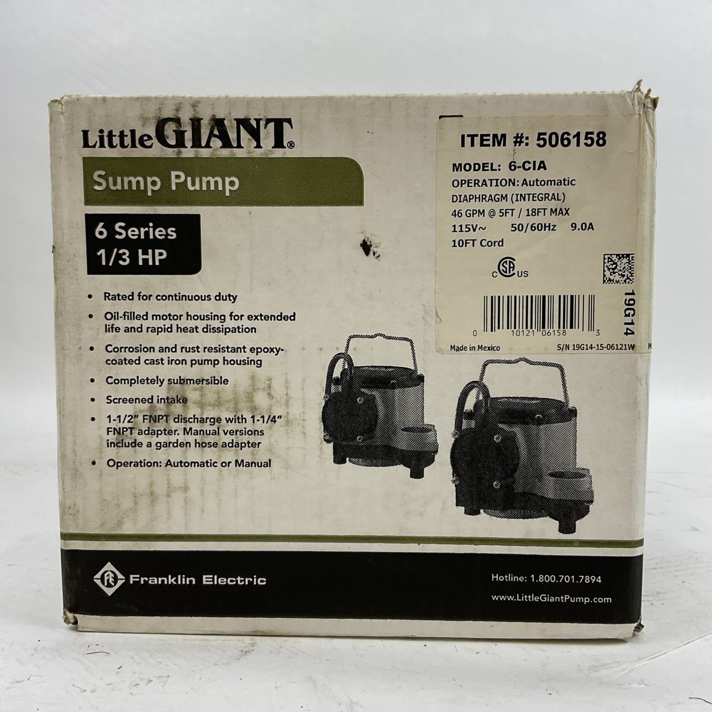 LITTLE GIANT 6-CIA SUMP PUMP 6 SERIES 1/3HP 46GPM @ 5FT/18FT MAX 115VAC 9.0A