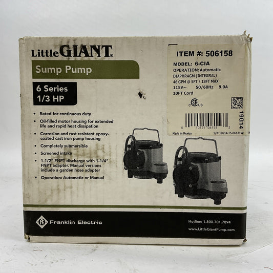 LITTLE GIANT 6-CIA SUMP PUMP 6 SERIES 1/3HP 46GPM @ 5FT/18FT MAX 115VAC 9.0A