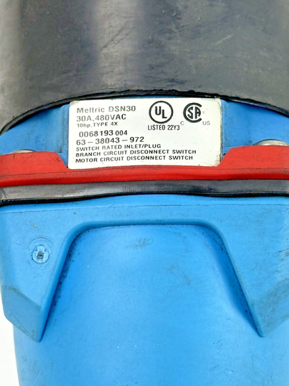 MELTRIC  63-38043-972 DSN30 SWITCH RATED MALE INLET 30A, 480VAC, 10HP