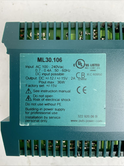 PULS ML30.106 POWER SUPPLY OUTPUT DC +/-15 / +/-15V 2A