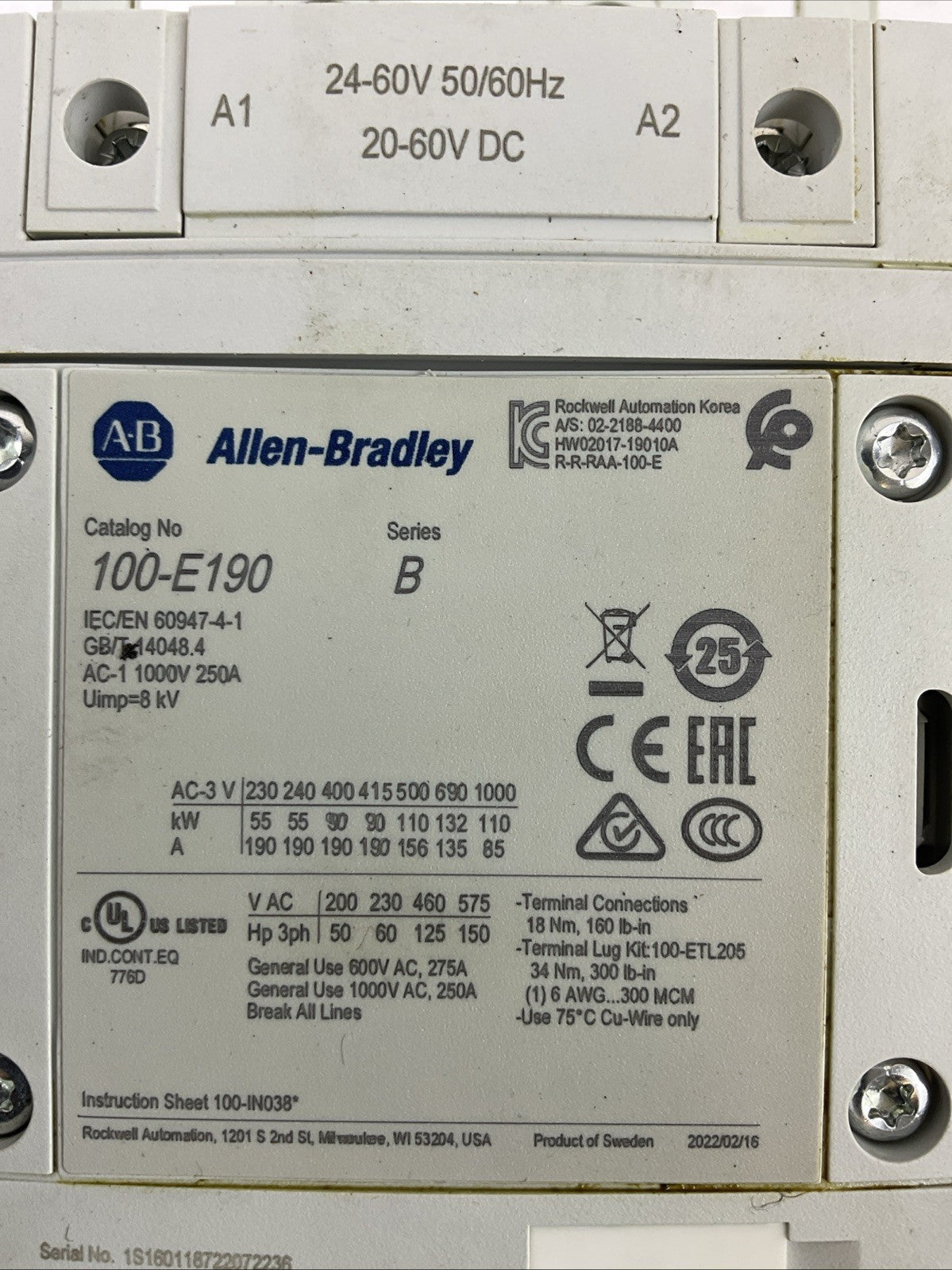 ALLEN BRADLEY 100-E190 600VAC 275A 150HP CONTACTOR 24-60V 50/60HZ 20-60VDC COIL