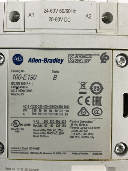 ALLEN BRADLEY 100-E190 600VAC 275A 150HP CONTACTOR 24-60V 50/60HZ 20-60VDC COIL