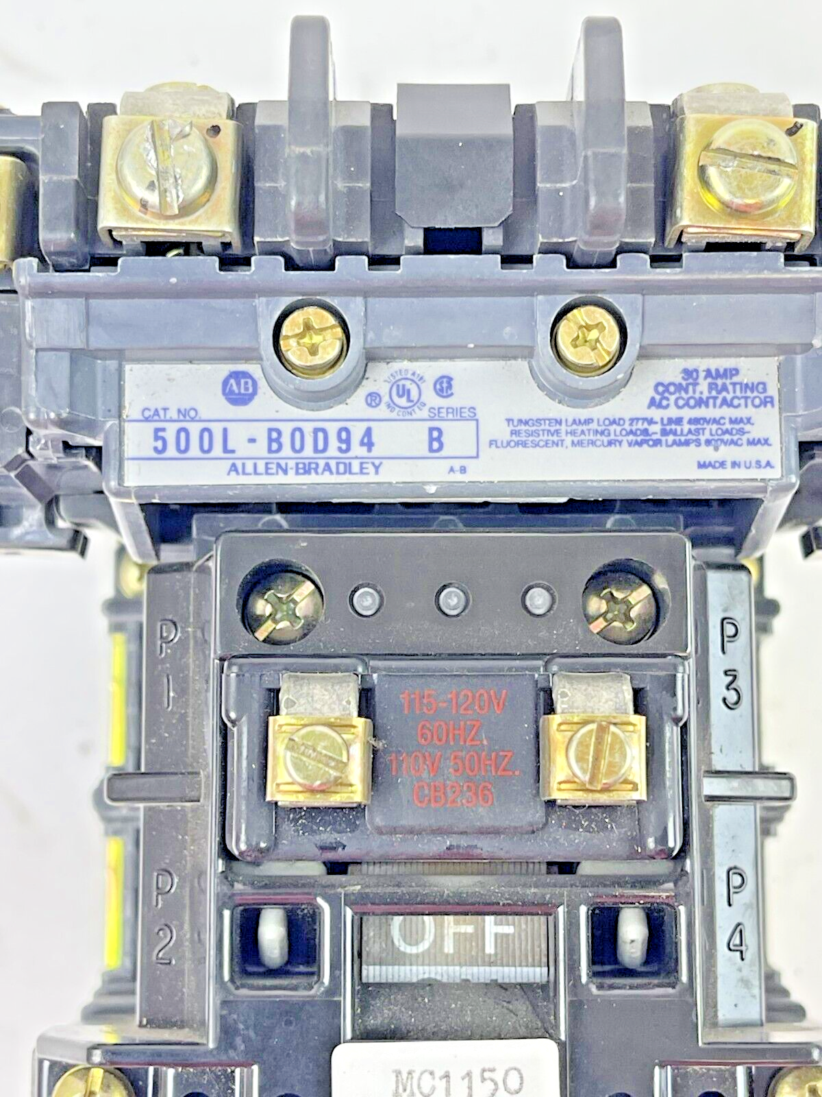 ALLEN BRADLEY -500L-BOD94 SER. B- LIGHTING CONTACTOR-30A,4 POLE,OPEN 115-120V,60