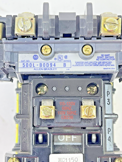 ALLEN BRADLEY -500L-BOD94 SER. B- LIGHTING CONTACTOR-30A,4 POLE,OPEN 115-120V,60