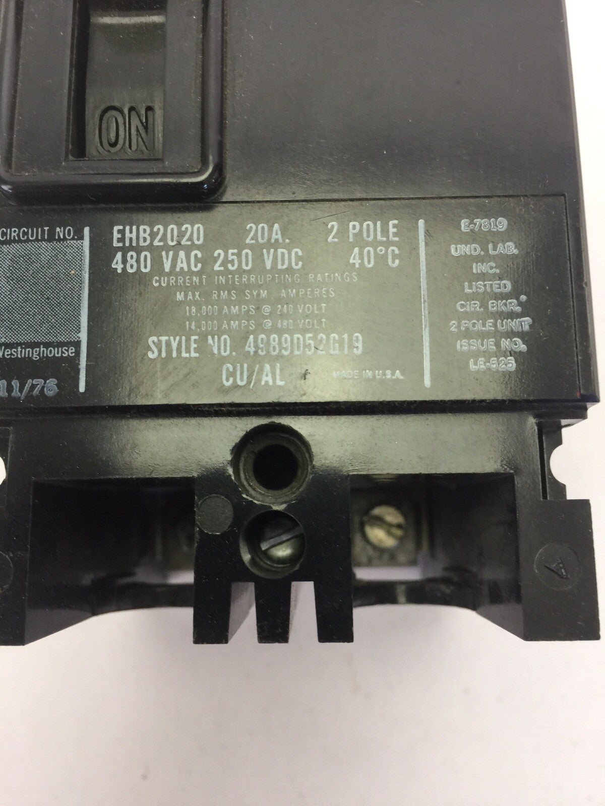 WESTINGHOUSE EHB2020 CIRCUIT BREAKER 20AMP 2POLE 480VAC 250VDC 4989D52G19
