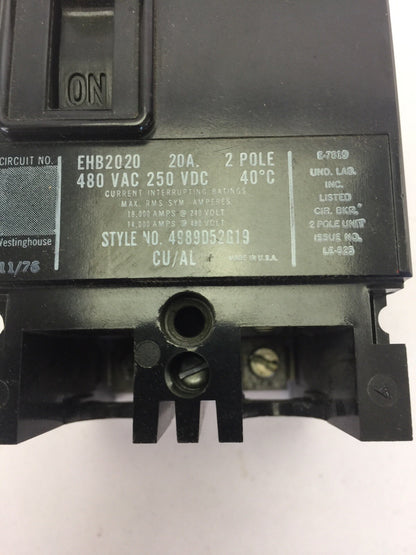 WESTINGHOUSE EHB2020 CIRCUIT BREAKER 20AMP 2POLE 480VAC 250VDC 4989D52G19