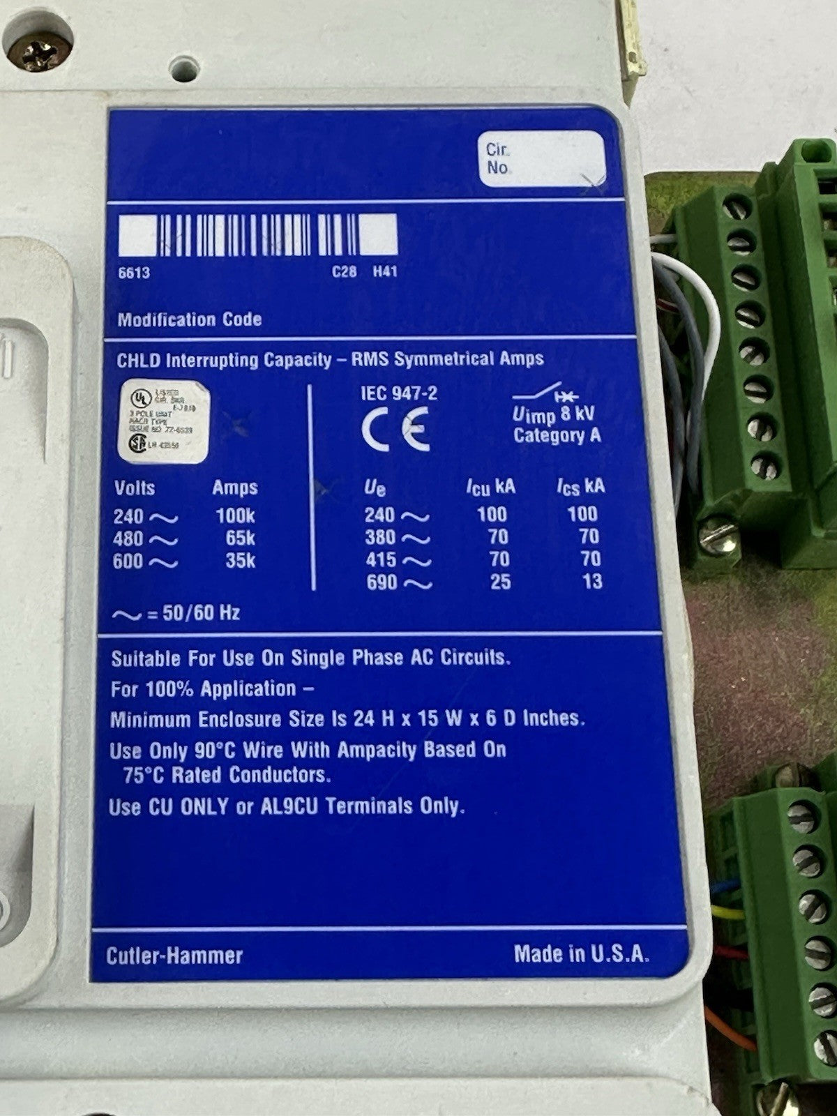 CUTLER HAMMER CHLD3250T76W 250A 600V 3P CIRCUIT BREAKER W/DIGITRIP 750 TRIP UNIT