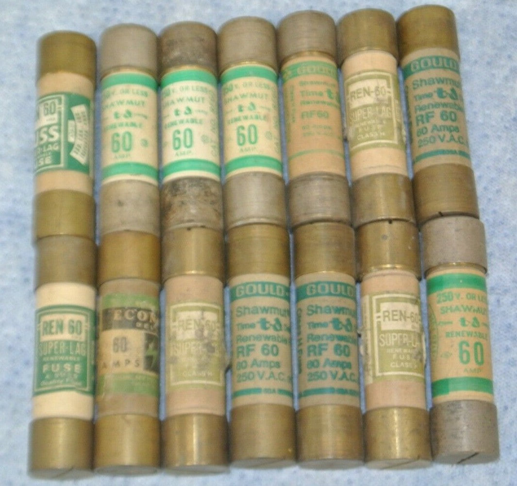 MIXED LOT of 14 RENEWABLE FUSES / 60A / 250V / GOULD-SHAWMUT, BUSSMANN, ECONOMY