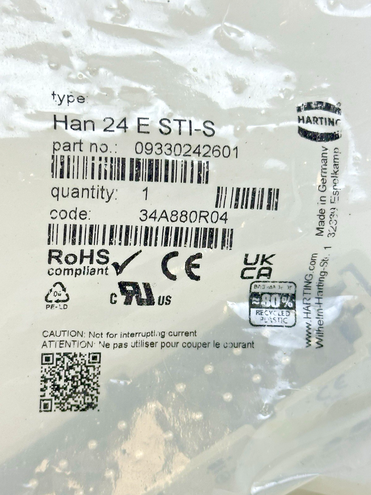 HARTING 09330242601 RECTANGULAR PLUG INSERT HAN 24ESTI-S