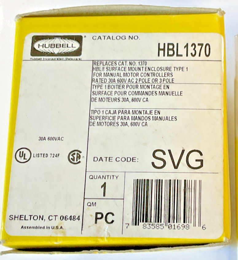 HUBBELL HBL1370 SURFACE MOUNT ENCLOSURE TYPE1 30A 600VAC