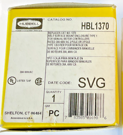 HUBBELL HBL1370 SURFACE MOUNT ENCLOSURE TYPE1 30A 600VAC