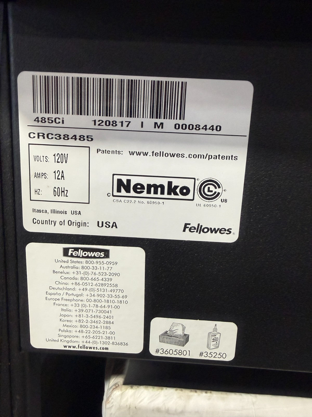 FELLOWES NEMKO CRC38485 485Ci INDUSTRIAL PAPER SHREDDER 120V 12A 60HZ