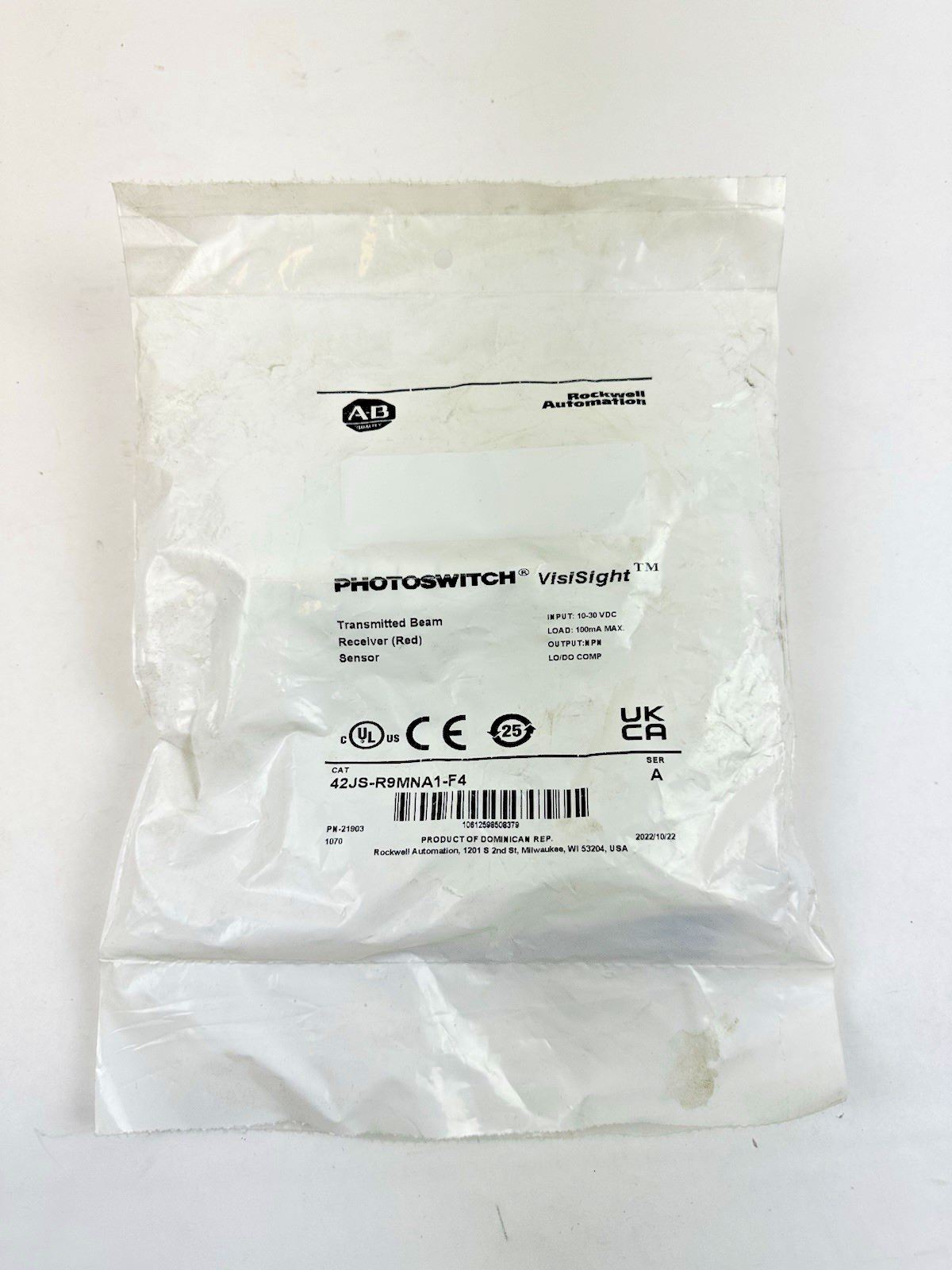 ALLEN BRADLEY 42JS-R9MNA1-F4 SER. A 10-30VDC PHOTOSWITCH TRANSMIT BEAM RECEIVER