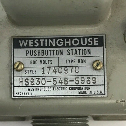 WESTINGHOUSE PUSHBUTTON STATION TYPE HDN STYLE 1740970, HS930-548-5969 600VOLTS