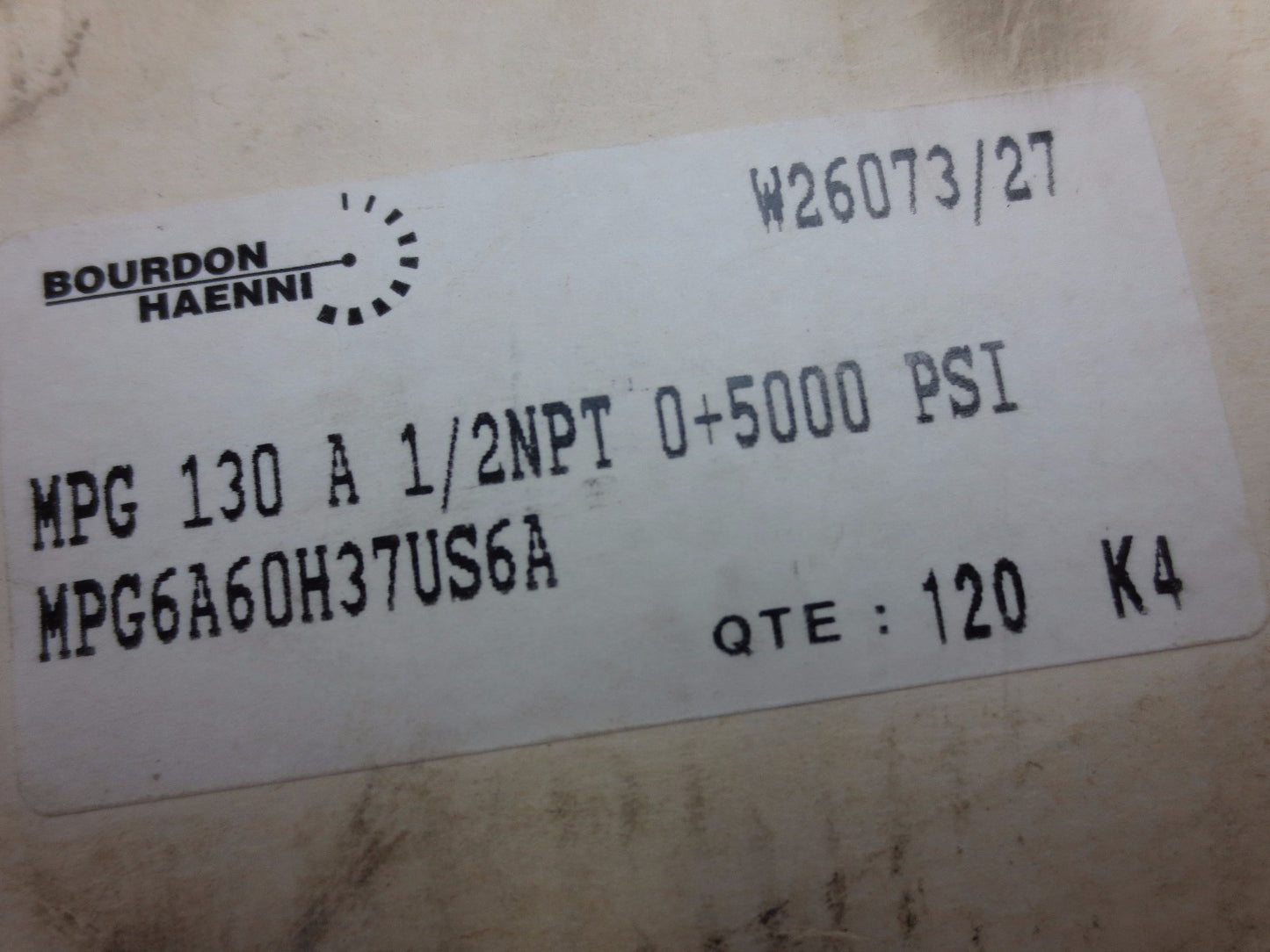 BOURDON HAENNI MPG6A60H37US6A PROCESS GAUGE 0-5000psi - MPG130A - NEW SURPLUS