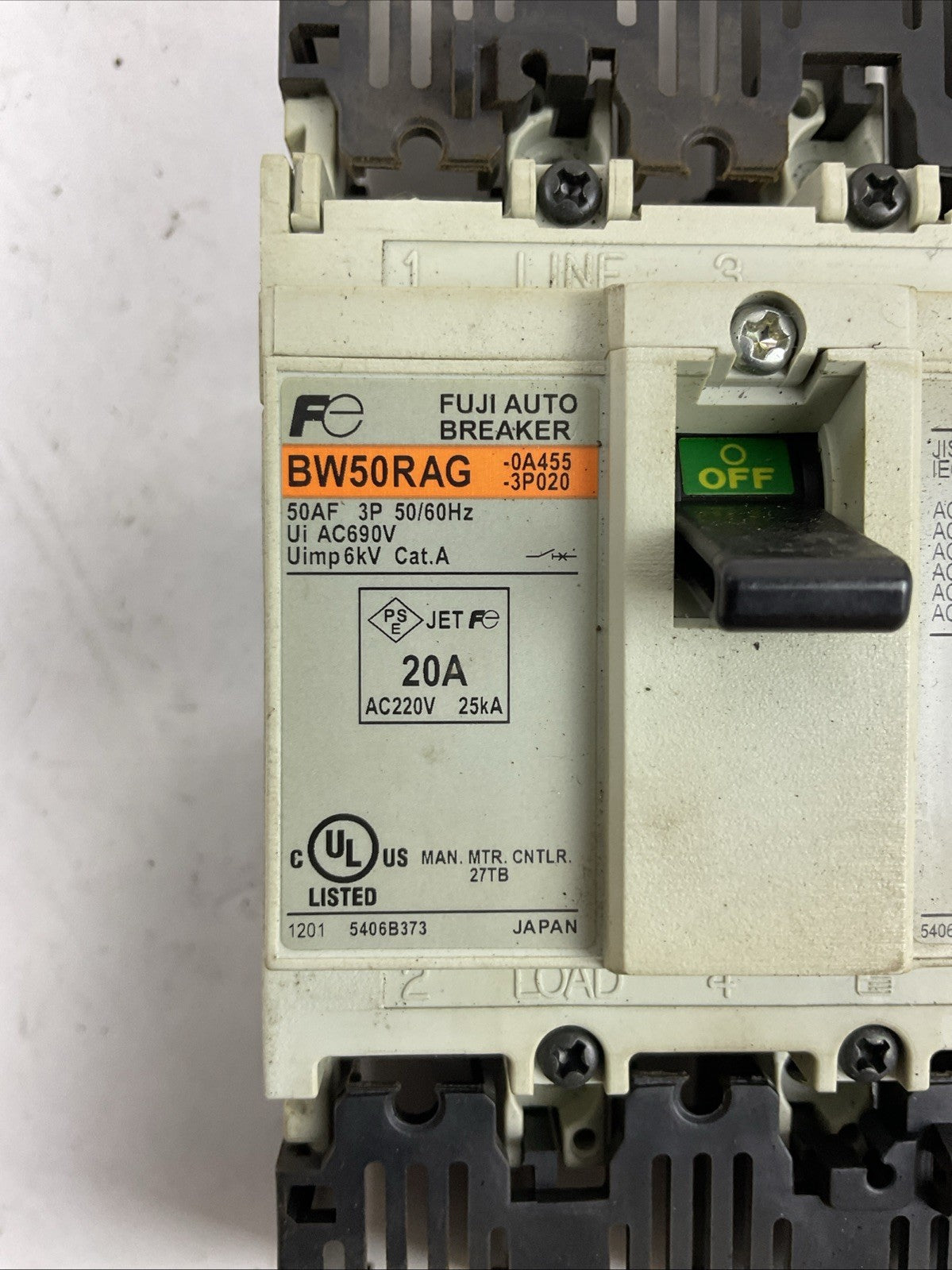FUJI BW50RAG-3P020 20A AUTO BREAKER 550-600VAC 3PH 7.5HP