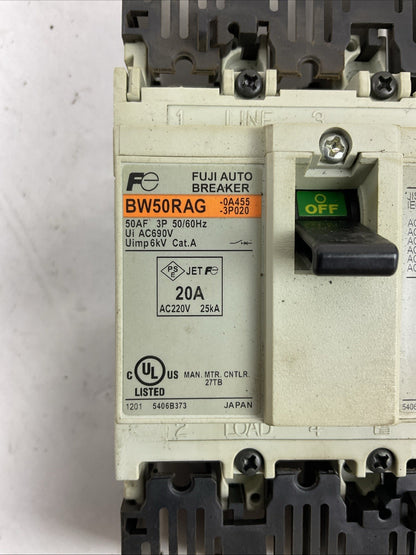 FUJI BW50RAG-3P020 20A AUTO BREAKER 550-600VAC 3PH 7.5HP