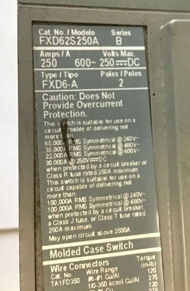 SIEMENS FXD62S250A CIRCUIT BREAKER 250A 600VAC 250VDC 2POLE