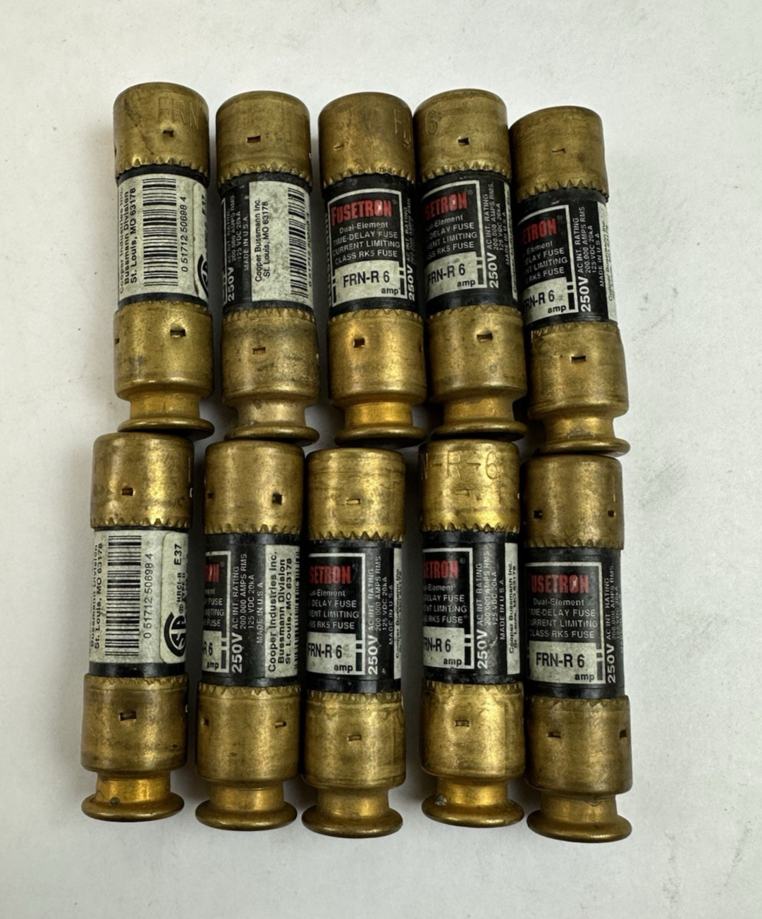 BUSSMANN FUSETRON FRN-R6 DUAL ELEMENT TIME DELAY CLASS RK5 FUSE 250V LOT OF 10