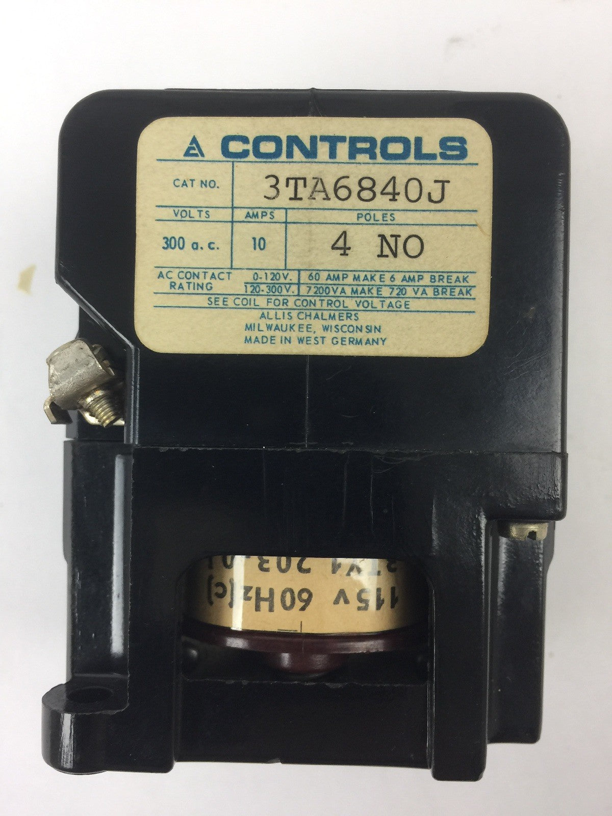 ALLIS-CHALMERS 3TA6840J CONTROL RELAY COIL 115 V 60 HZ *PLASTIC IS BROKEN OFF*